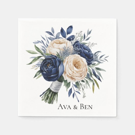 Navy Blue and Ivory Floral Wedding スタンダードカクテルナプキン (正面)