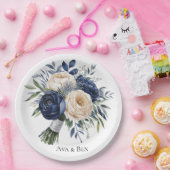 Navy Blue and Ivory Floral Wedding ペーパープレート (パーティー)