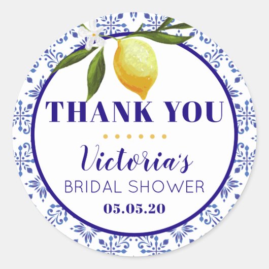 Navy Blue and Lemon bridal shower round sticker ラウンドシール (正面)