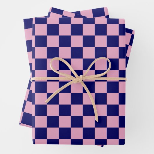 Navy Blue and Light Pink Checkerboard Pattern ラッピングペーパーシート (インサイチュ)