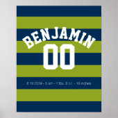 Navy Blue and Lime Green Rugby Stripes Name Number ポスター (正面)
