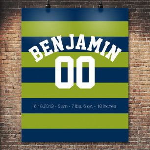 Navy Blue and Lime Green Rugby Stripes Name Number ポスター