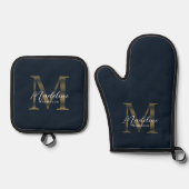 Navy Blue and Metallic Gold Monogram Script 鍋つかみ&鍋敷きセット (正面)