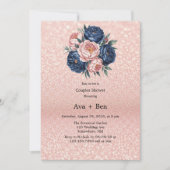 Navy Blue and Rose Gold Floral Wedding Shower 招待状 (正面)