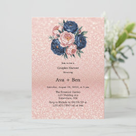 Navy Blue and Rose Gold Floral Wedding Shower 招待状