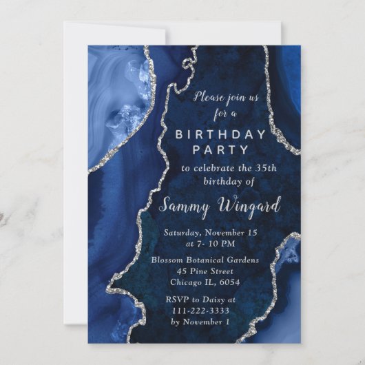 Navy Blue and Silver Agate Marble Birthday Party 招待状 (正面)