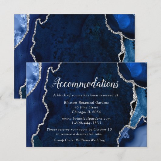 Navy Blue and Silver Agate Wedding Accommodations エンクロージャーカード (正面/裏面)