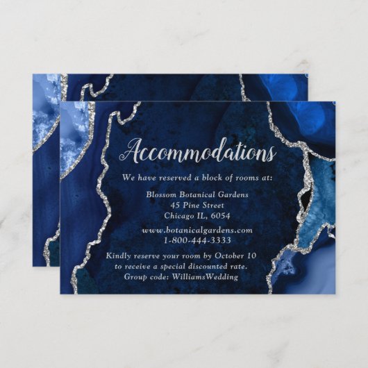 Navy Blue and Silver Agate Wedding Accommodations エンクロージャーカード (正面/裏面)