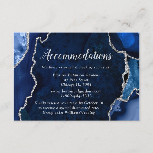 Navy Blue and Silver Agate Wedding Accommodations エンクロージャーカード (正面)