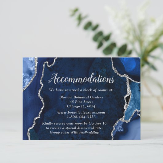 Navy Blue and Silver Agate Wedding Accommodations エンクロージャーカード (スタンド正面)