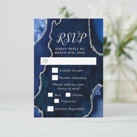 Navy Blue and Silver Agate Wedding Meal Choice 出欠カード (スタンド正面)