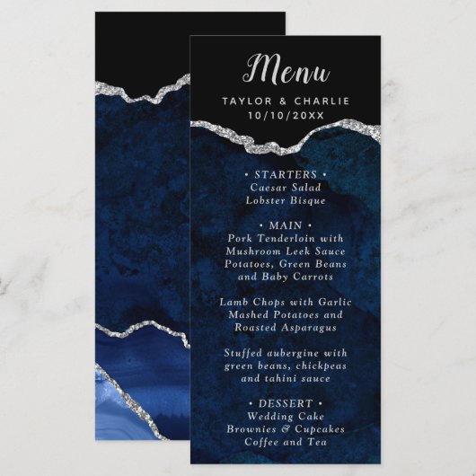 Navy Blue and Silver Agate Wedding Menu メニュー (正面/裏面)