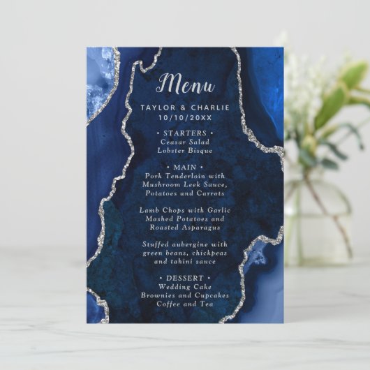 Navy Blue and Silver Agate Wedding Menu メニュー (スタンド正面)