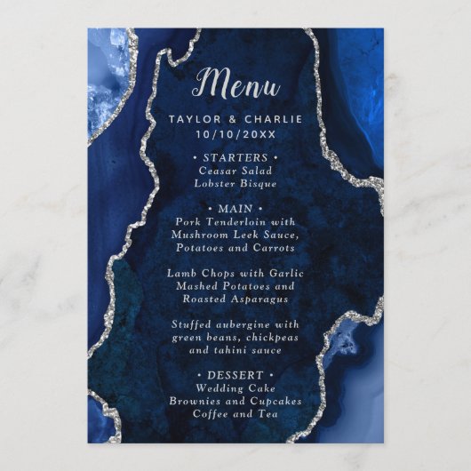 Navy Blue and Silver Agate Wedding Menu メニュー (正面)
