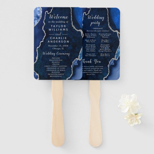 Navy Blue and Silver Agate Wedding Program ハンドファン (正面&裏面)