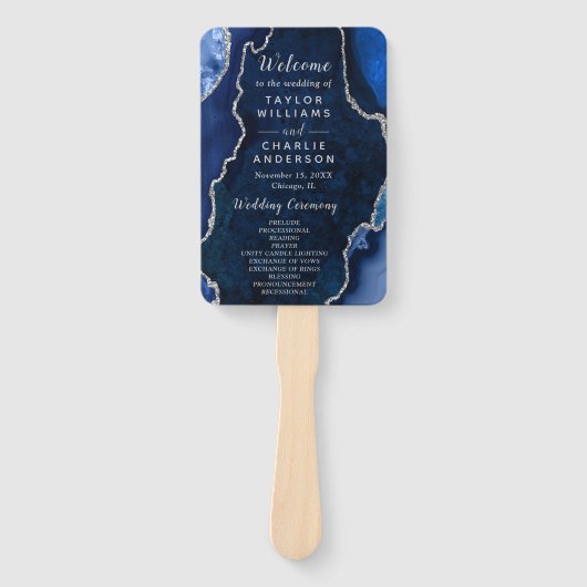 Navy Blue and Silver Agate Wedding Program ハンドファン (正面)