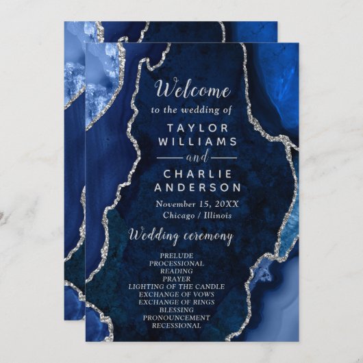 Navy Blue and Silver Agate Wedding Program プログラム (正面/裏面)