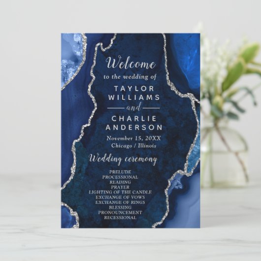 Navy Blue and Silver Agate Wedding Program プログラム (スタンド正面)