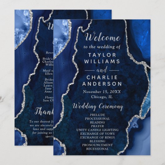 Navy Blue and Silver Agate Wedding Program プログラム (正面/裏面)