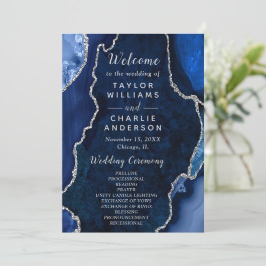 Navy Blue and Silver Agate Wedding Program プログラム (スタンド正面)
