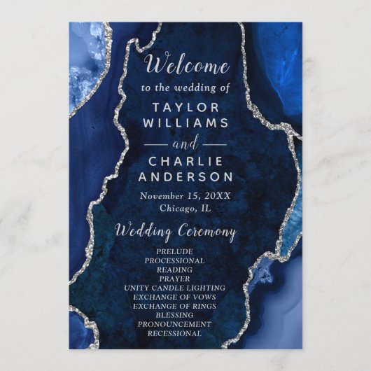 Navy Blue and Silver Agate Wedding Program プログラム (正面)