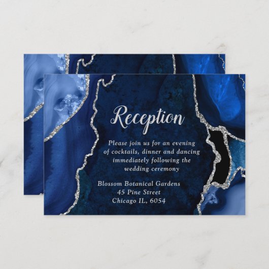 Navy Blue and Silver Agate Wedding Reception エンクロージャーカード (正面/裏面)