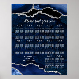Navy Blue and Silver Agate Wedding Seating Chart ポスター