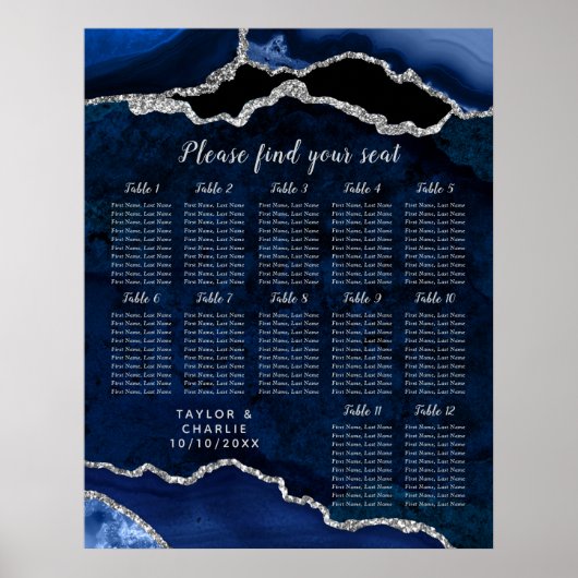 Navy Blue and Silver Agate Wedding Seating Chart ポスター (正面)