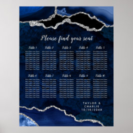 Navy Blue and Silver Agate Wedding Seating Chart ポスター