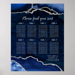 Navy Blue and Silver Agate Wedding Seating Chart ポスター