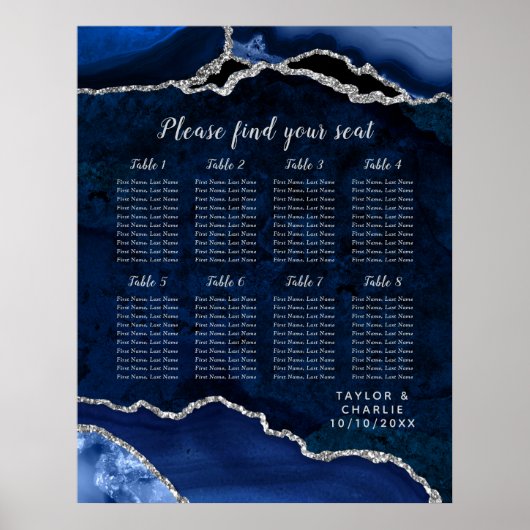 Navy Blue and Silver Agate Wedding Seating Chart ポスター (正面)