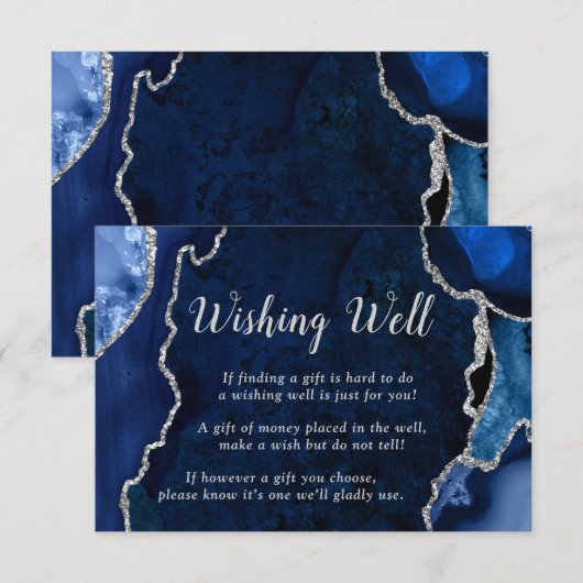 Navy Blue and Silver Agate Wedding Wishing Well エンクロージャーカード (正面/裏面)