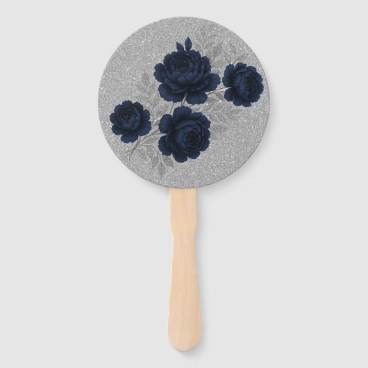 Navy Blue and Silver Glitter Leaves Wedding ハンドファン (裏面)