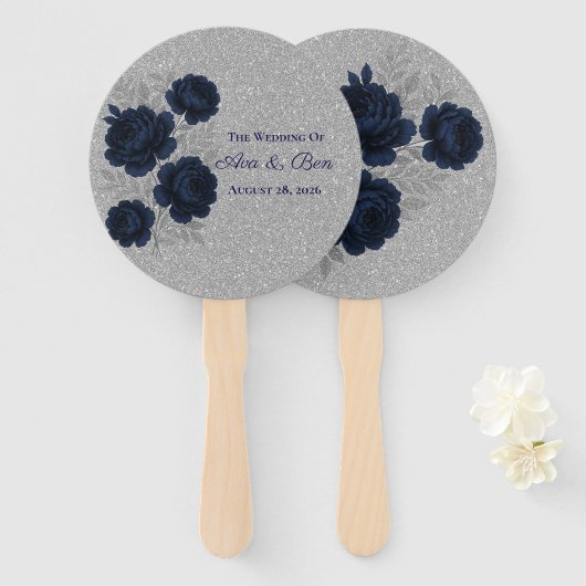 Navy Blue and Silver Glitter Leaves Wedding ハンドファン (正面&裏面)