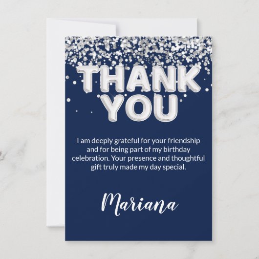 Navy Blue and Silver Party Thank You Card 招待状 (正面)