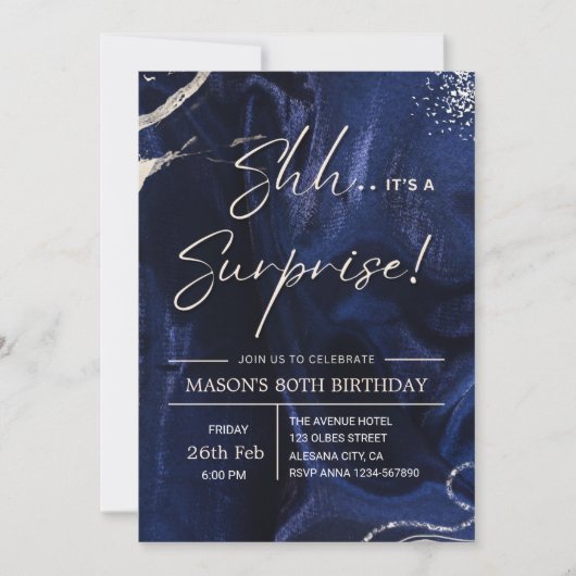 Navy Blue and Silver Surprise Party 招待状 (正面)