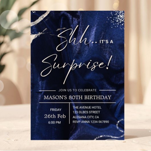 Navy Blue and Silver Surprise Party 招待状