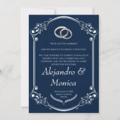 Navy Blue and Silver Wedding Ring Invitation 招待状 (正面)