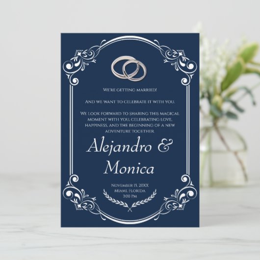Navy Blue and Silver Wedding Ring Invitation 招待状 (スタンド正面)