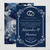 Navy Blue and Silver Wedding Ring Invitation 招待状 (正面/裏面)