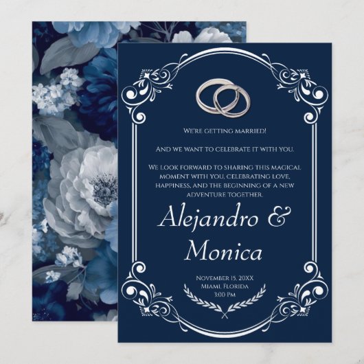 Navy Blue and Silver Wedding Ring Invitation 招待状 (正面/裏面)