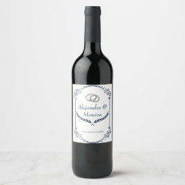 Navy Blue and Silver Wedding Ring Wine Label ワインラベル