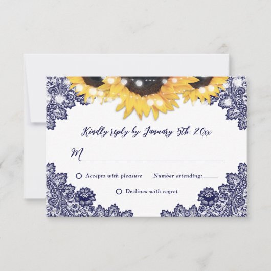 Navy Blue and Sunflower Rustic Floral Lace Wedding 出欠カード (正面)