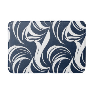 Navy Blue and White Abstract Wave Modern Nautical バスマット