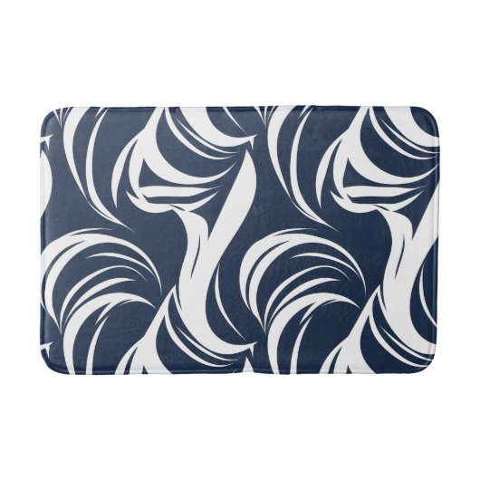 Navy Blue and White Abstract Wave Modern Nautical バスマット (正面)