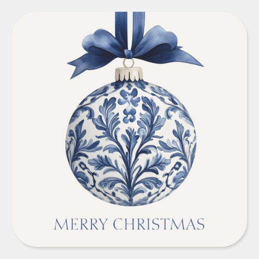 Navy Blue and White Chinoiserie Christmas Ornament スクエアシール (正面)