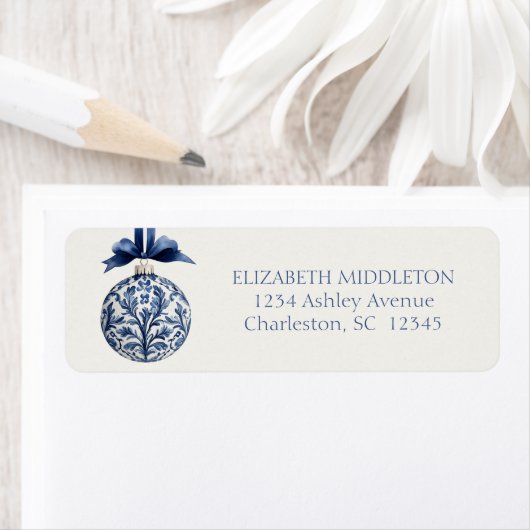 Navy Blue and White Chinoiserie Christmas Ornament ラベル (インサイチュ)