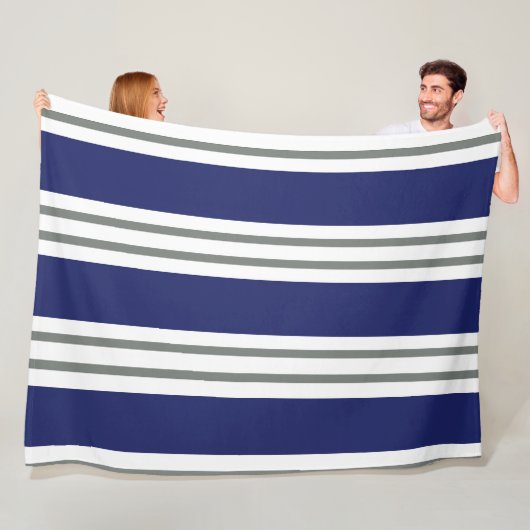 Navy Blue and White Coastal Stripes フリースブランケット (インサイチュ)
