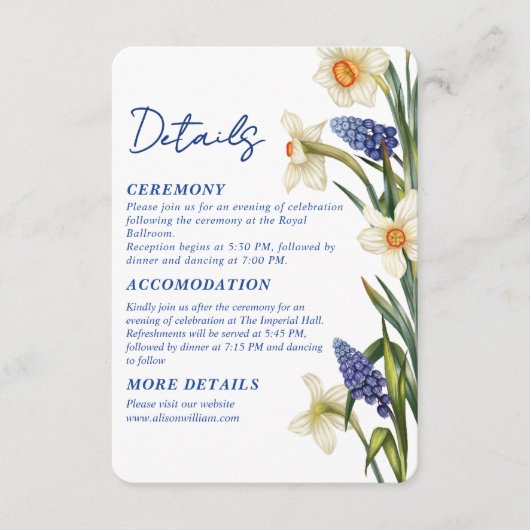 Navy blue and white floral Wedding details エンクロージャーカード (正面)