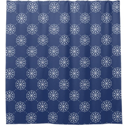 Navy Blue and White Geometric Floral Pattern シャワーカーテン (正面)